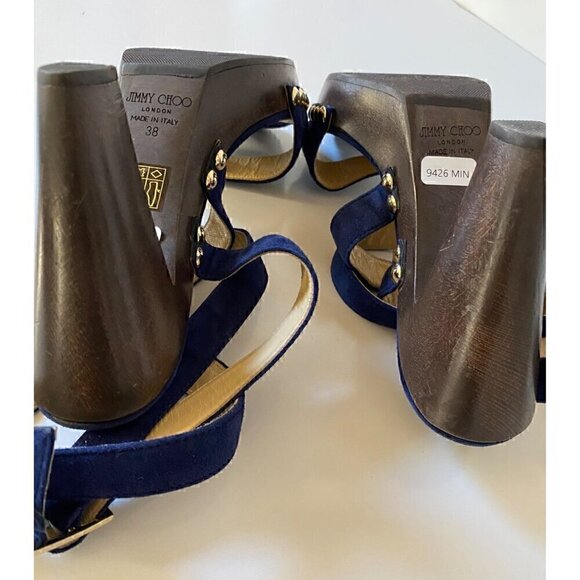 Jimmy Choo Suede Studded Unity Platform Sandals Heels 38 US 8 Blue Gold Strappy - Picture 8 of 16